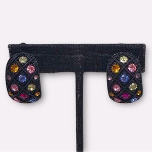 Vintage Black Colorful Rhinestone Earrings Metallic Clip On